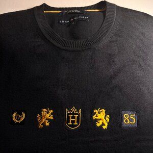 Tommy Hilfiger mens sweater L navy cotton gold embroidery crests 85 heavy weight